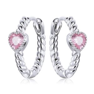 Cercei din argint Pink Heart Hoops