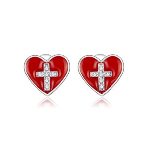 Cercei din argint Cross Red Heart