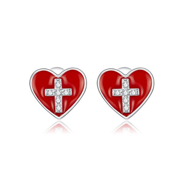 Cercei din argint Cross Red Heart