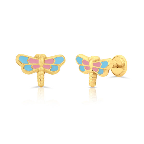 Cercei din aur 14K pentru copii Dragonfly Blue/ Pink