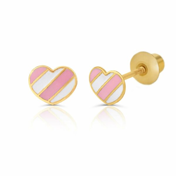 Cercei din aur 14K pentru copii Striped Heart White Pink