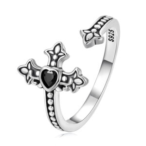 Inel reglabil din argint Black Heart Cross